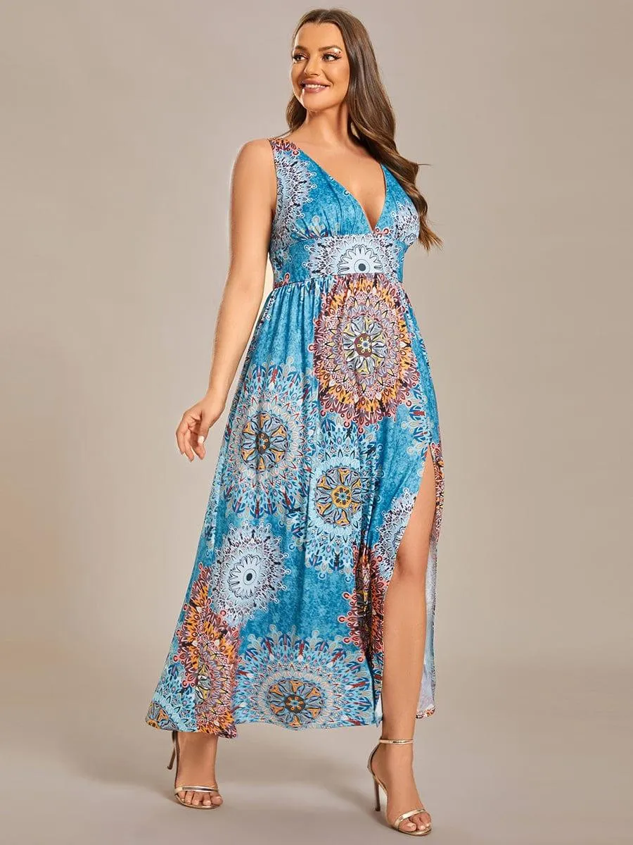 Robe de Soirée Mi-Longue Fleurie Sans Manches Curvy à Fentes Hautes(Vente finale)