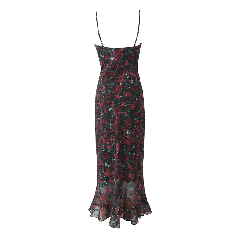 Rose Print Fishtail Spaghetti Strap Maxi Dress