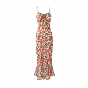 Rose Print Fishtail Spaghetti Strap Maxi Dress