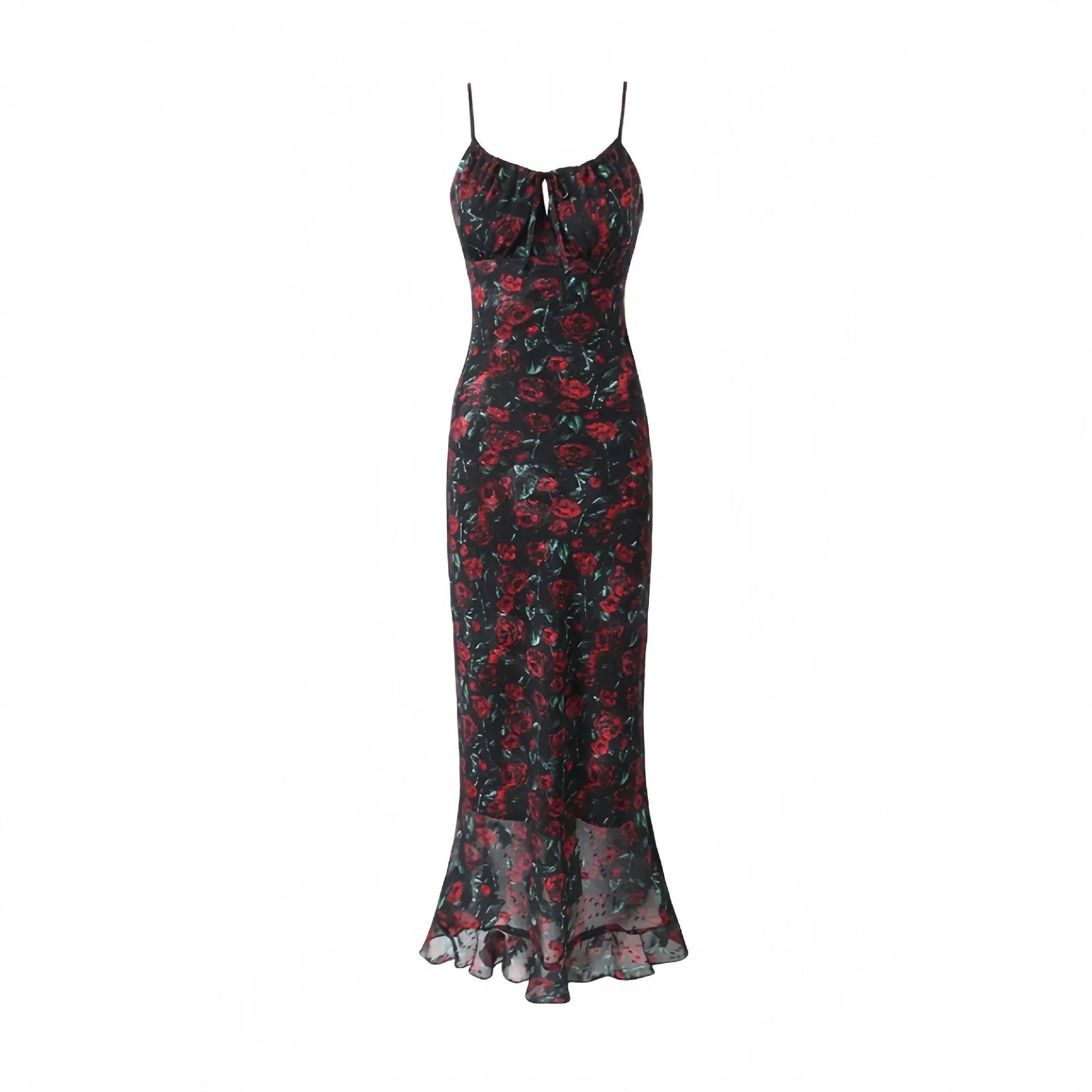 Rose Print Fishtail Spaghetti Strap Maxi Dress