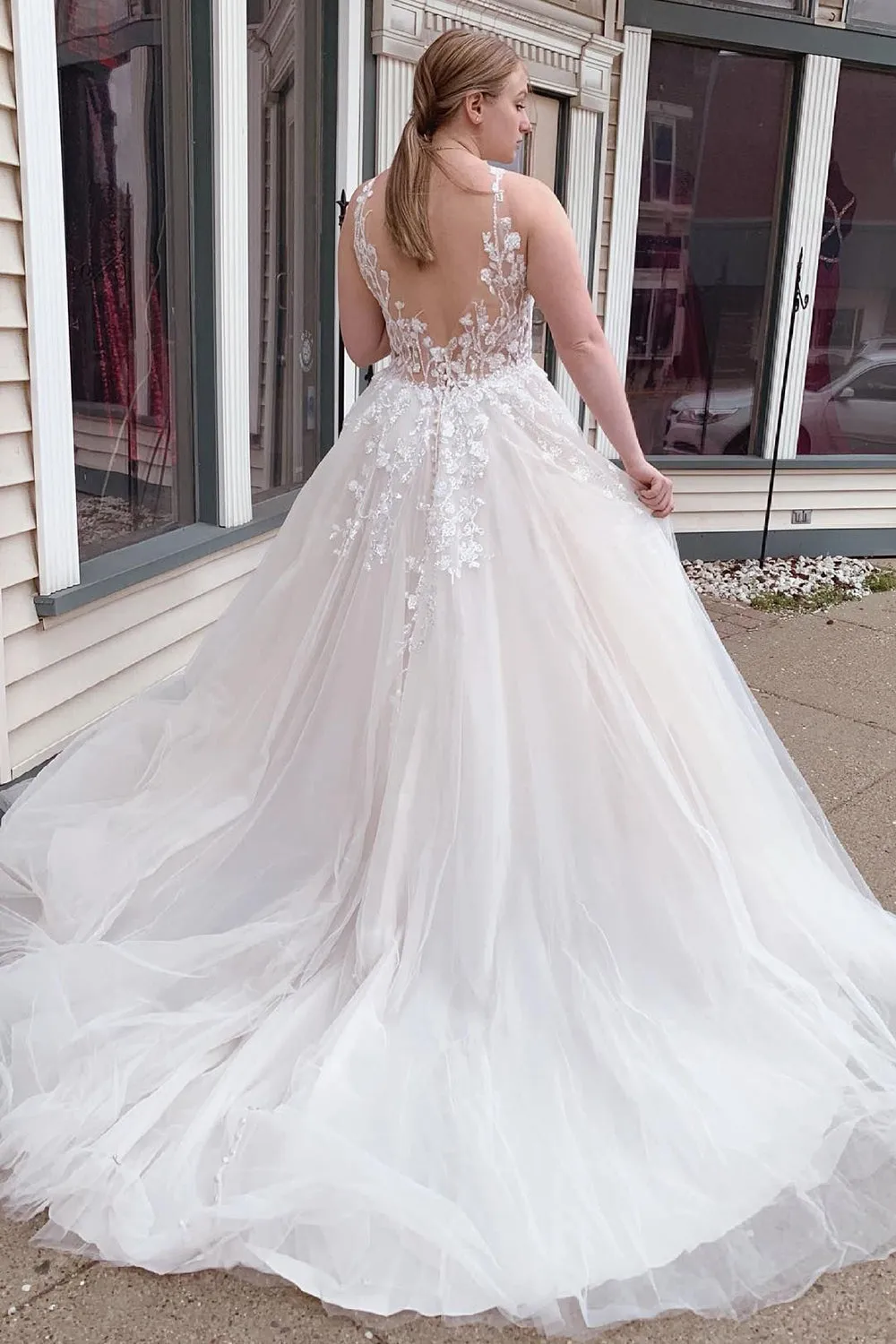 Roselyn | A-Line Tulle Sparkly White Wedding Dress with Appliques