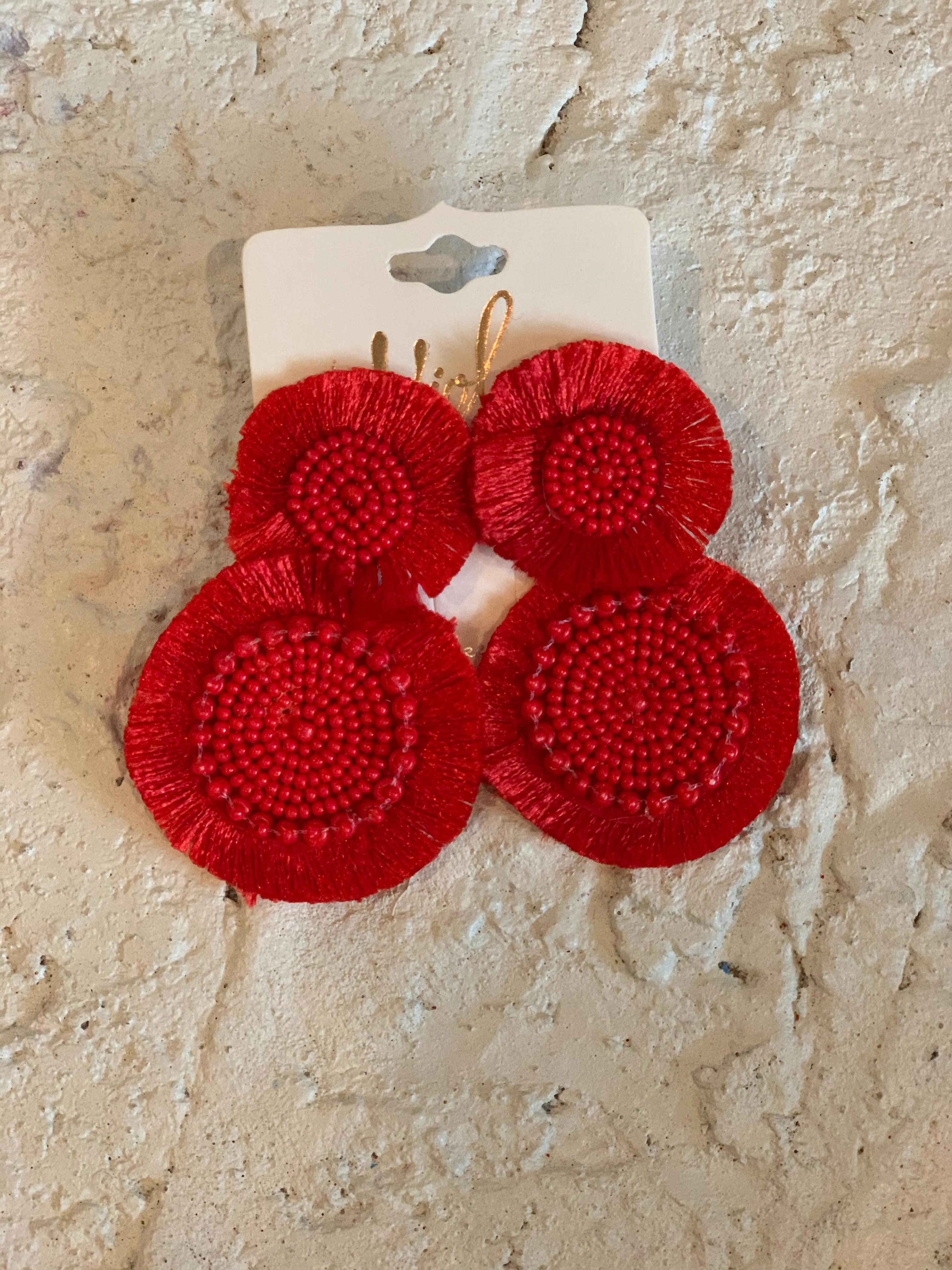 Round Beaded Tassel Dangle Earrings-Red