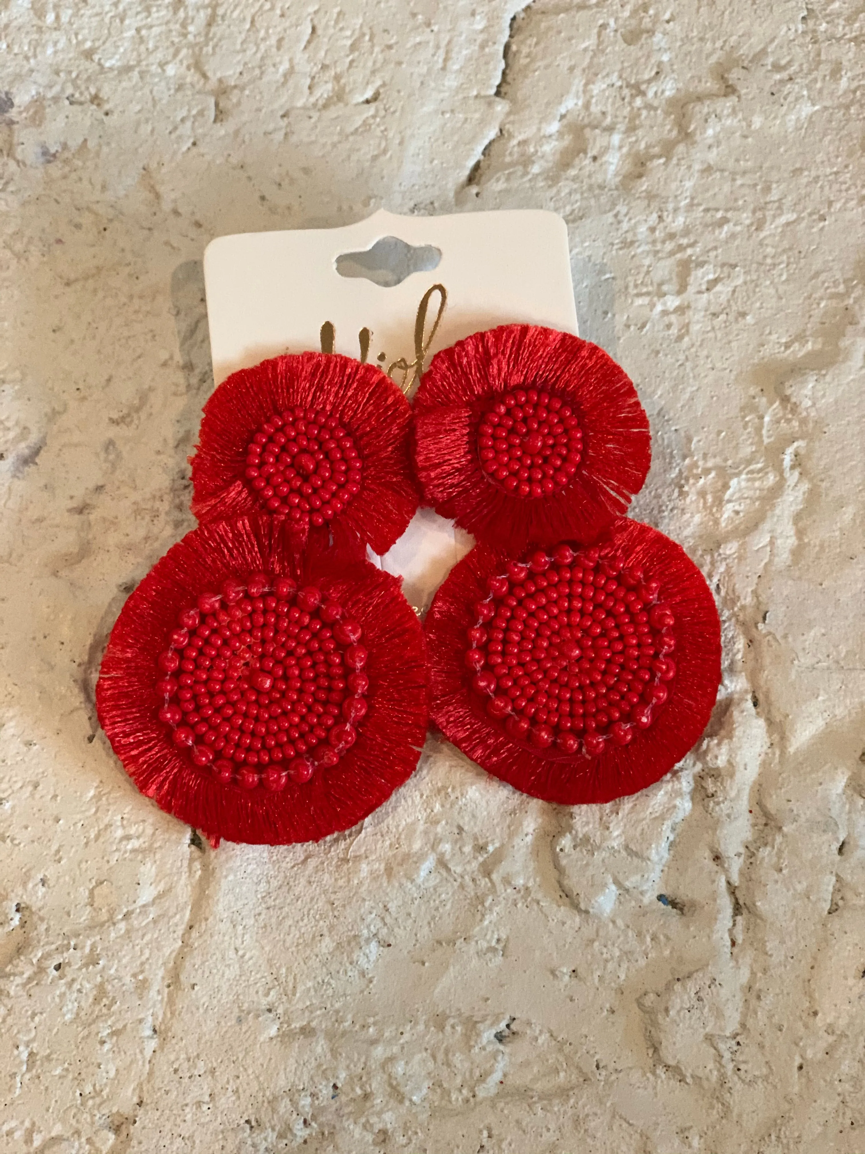 Round Beaded Tassel Dangle Earrings-Red
