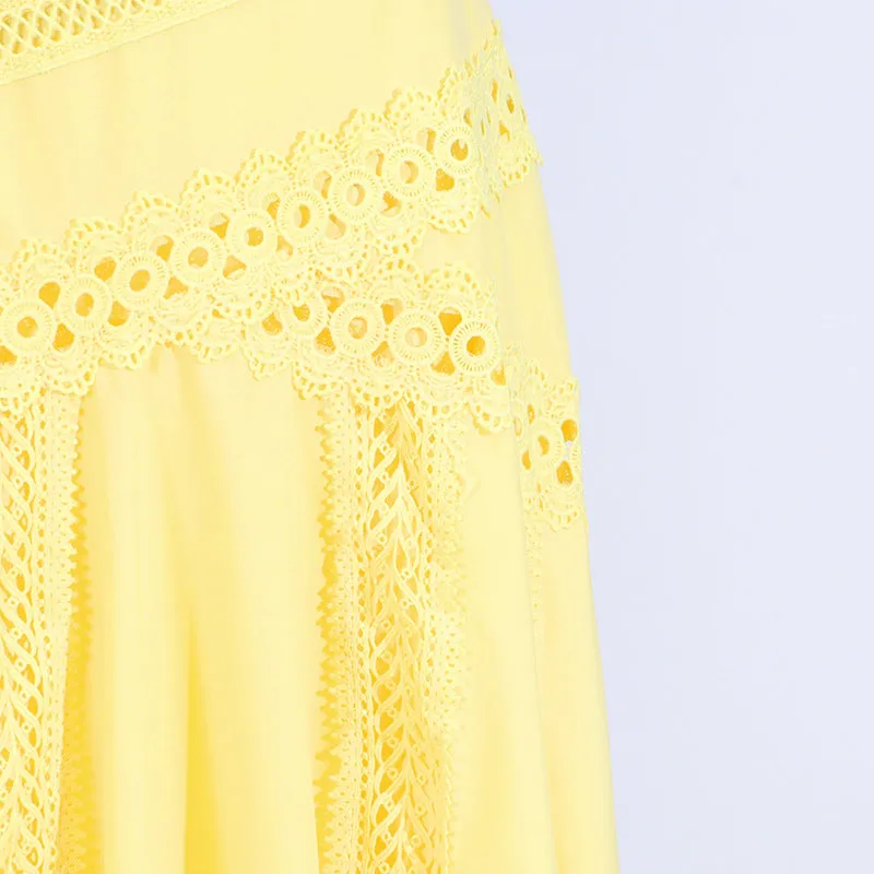 Round Neck Sleeveless Waist Lace Stitching Solid Color Dress