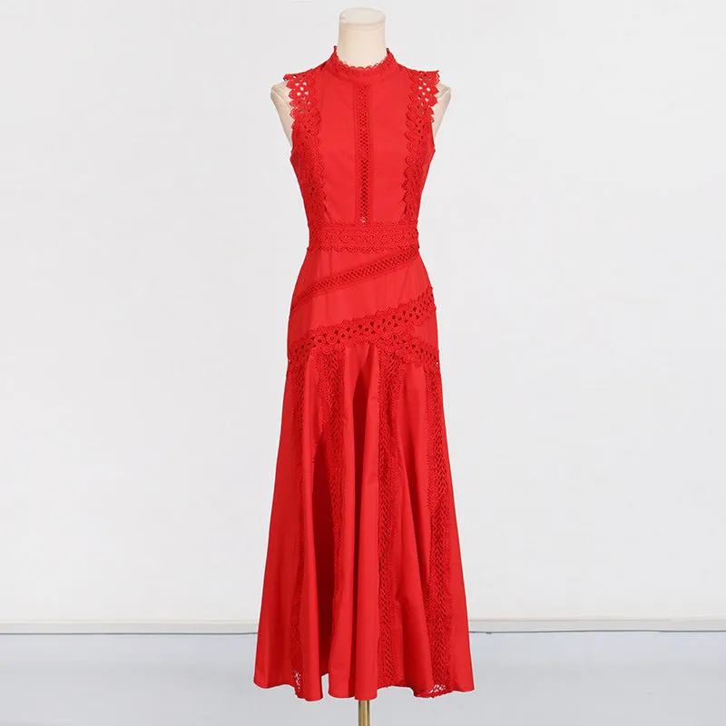 Round Neck Sleeveless Waist Lace Stitching Solid Color Dress