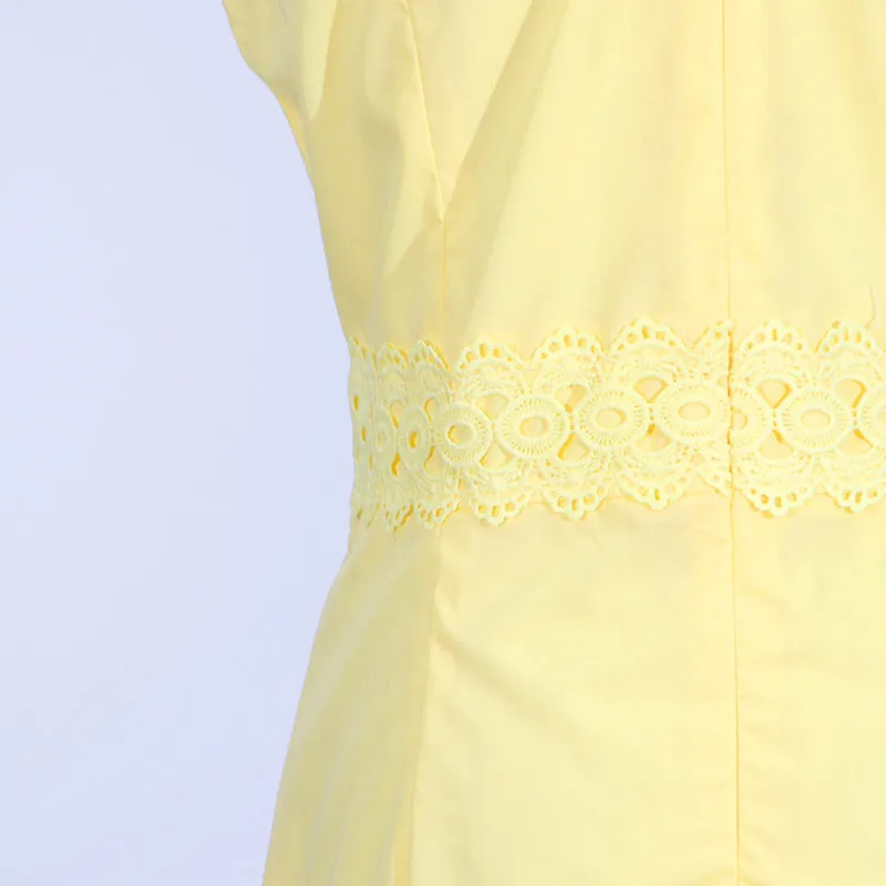 Round Neck Sleeveless Waist Lace Stitching Solid Color Dress