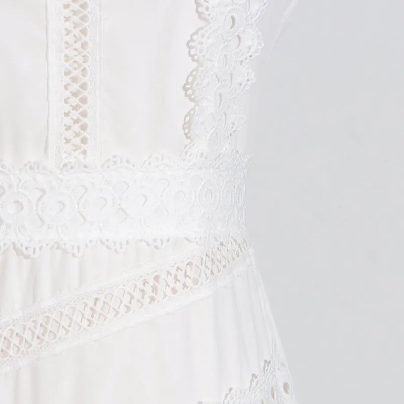 Round Neck Sleeveless Waist Lace Stitching Solid Color Dress