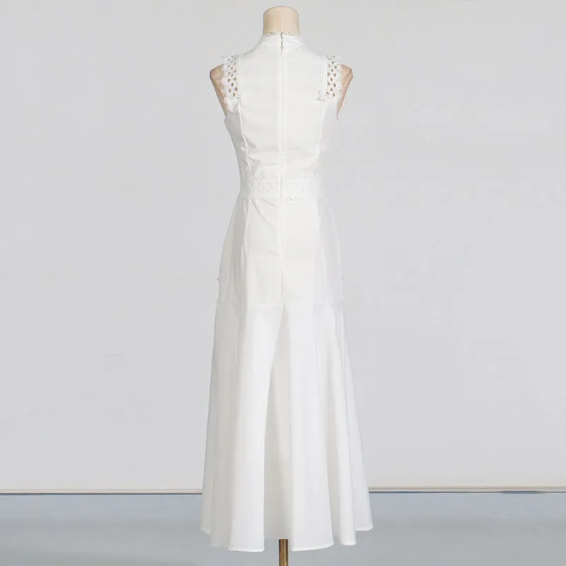 Round Neck Sleeveless Waist Lace Stitching Solid Color Dress