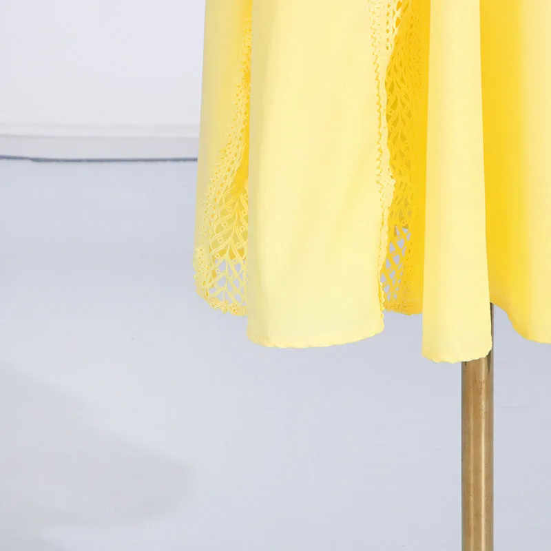 Round Neck Sleeveless Waist Lace Stitching Solid Color Dress