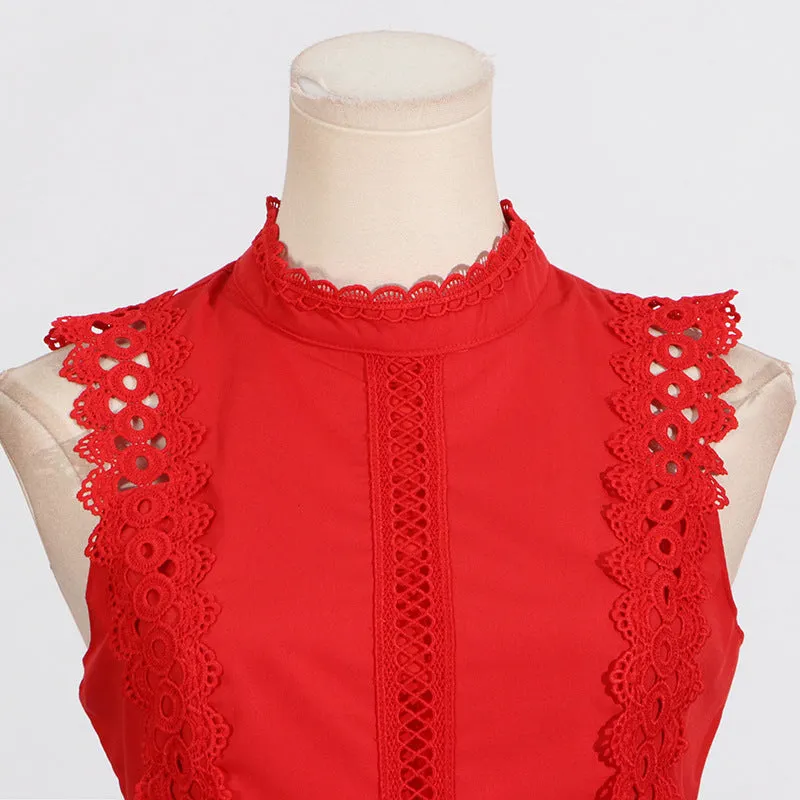 Round Neck Sleeveless Waist Lace Stitching Solid Color Dress