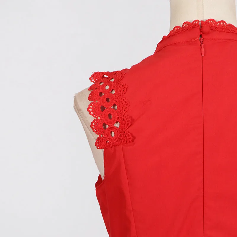 Round Neck Sleeveless Waist Lace Stitching Solid Color Dress