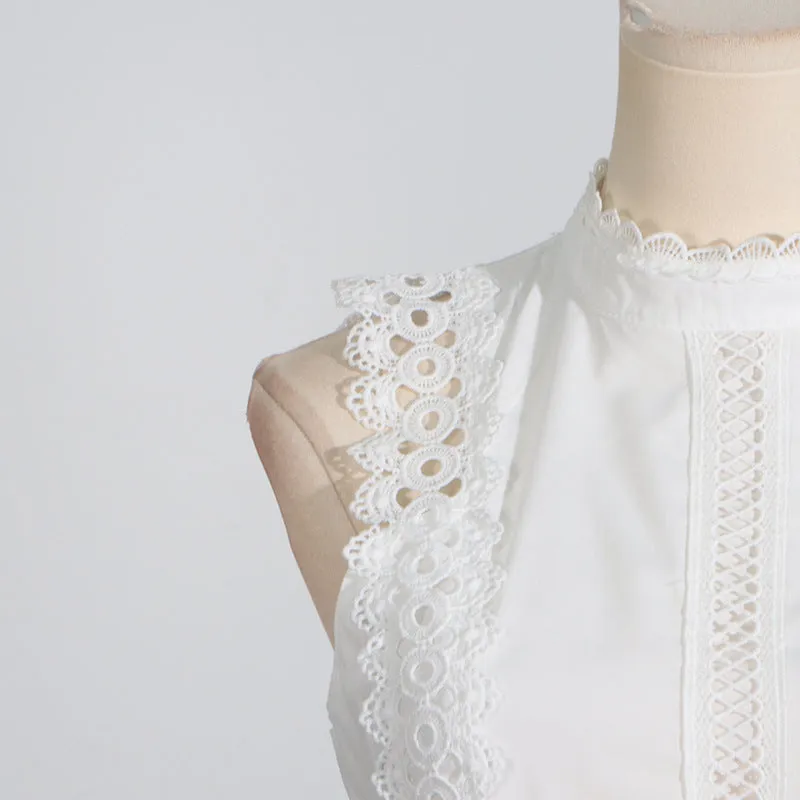 Round Neck Sleeveless Waist Lace Stitching Solid Color Dress