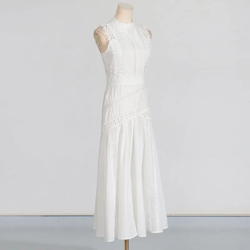 Round Neck Sleeveless Waist Lace Stitching Solid Color Dress