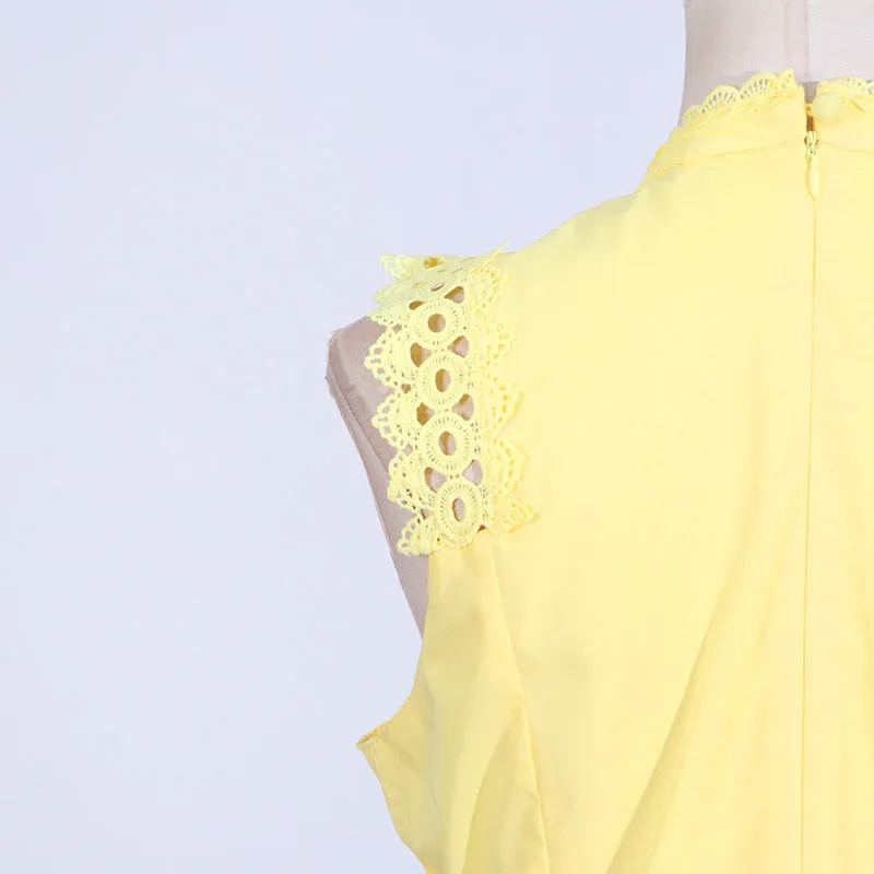 Round Neck Sleeveless Waist Lace Stitching Solid Color Dress
