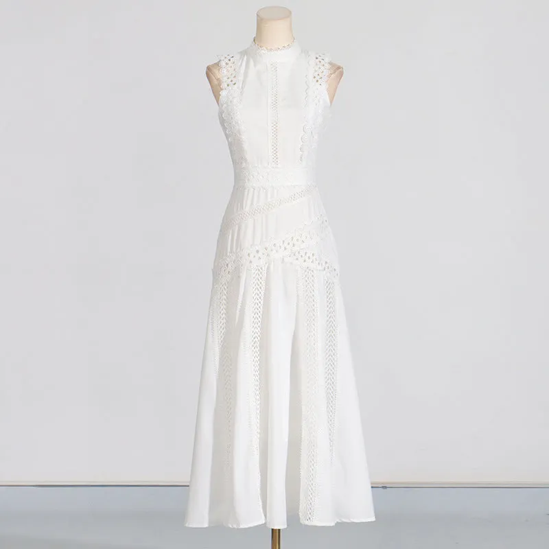Round Neck Sleeveless Waist Lace Stitching Solid Color Dress