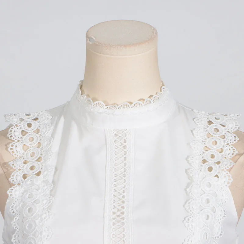 Round Neck Sleeveless Waist Lace Stitching Solid Color Dress