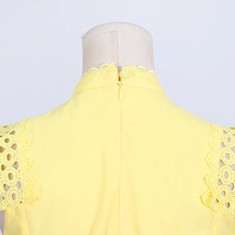 Round Neck Sleeveless Waist Lace Stitching Solid Color Dress