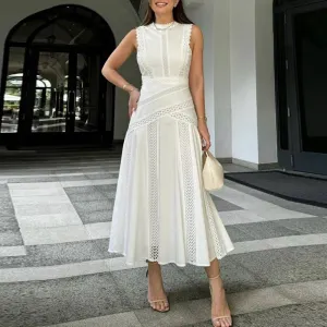 Round Neck Sleeveless Waist Lace Stitching Solid Color Dress