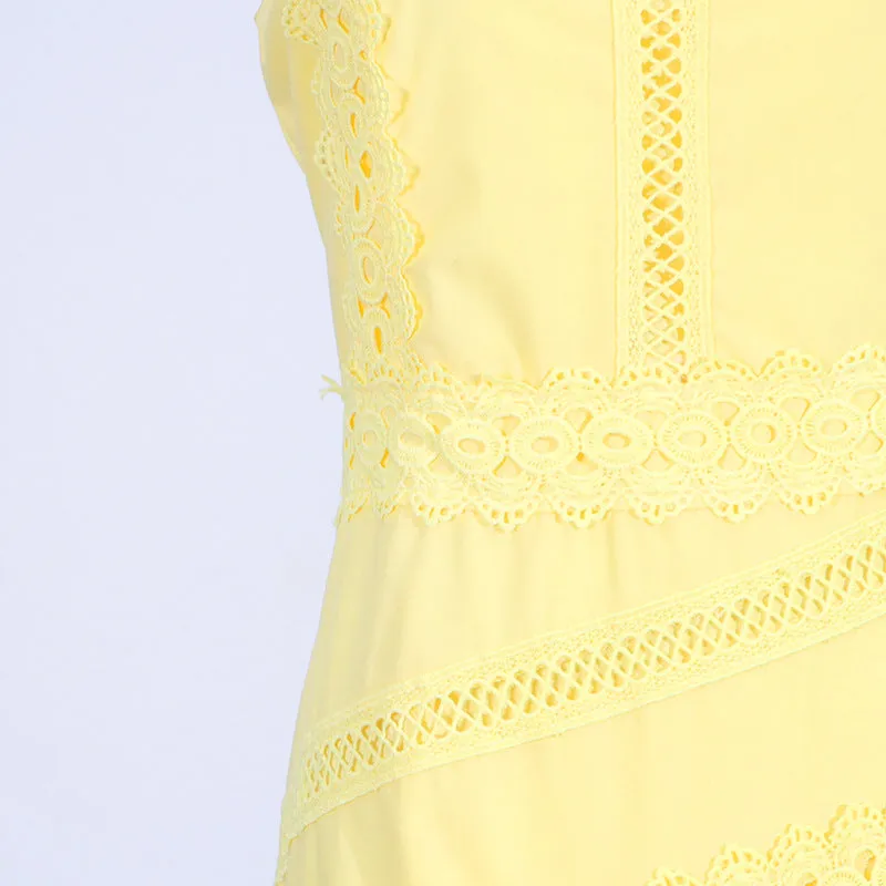 Round Neck Sleeveless Waist Lace Stitching Solid Color Dress