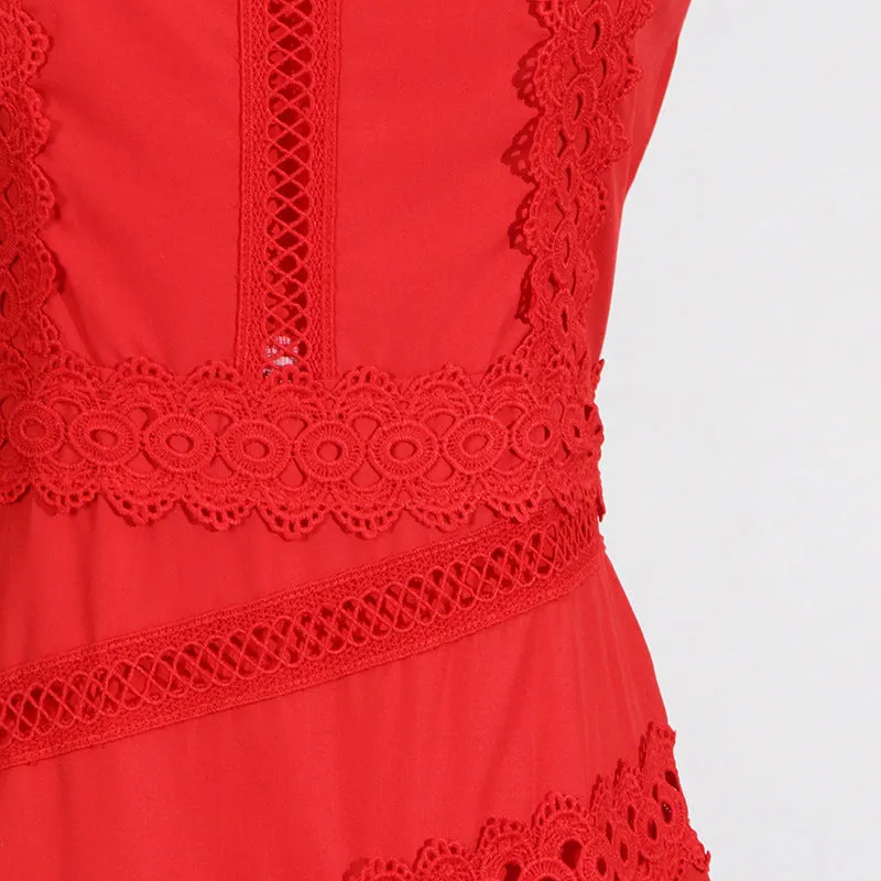 Round Neck Sleeveless Waist Lace Stitching Solid Color Dress