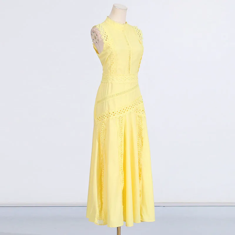 Round Neck Sleeveless Waist Lace Stitching Solid Color Dress