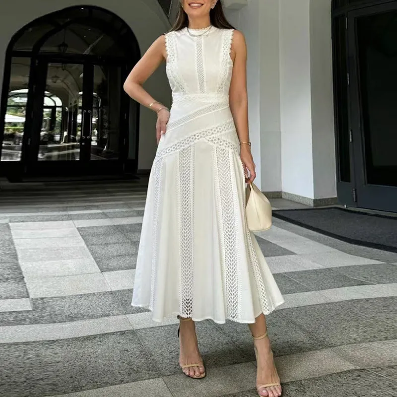 Round Neck Sleeveless Waist Lace Stitching Solid Color Dress