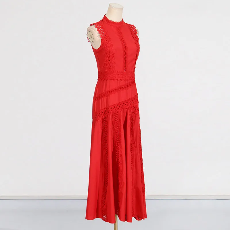 Round Neck Sleeveless Waist Lace Stitching Solid Color Dress