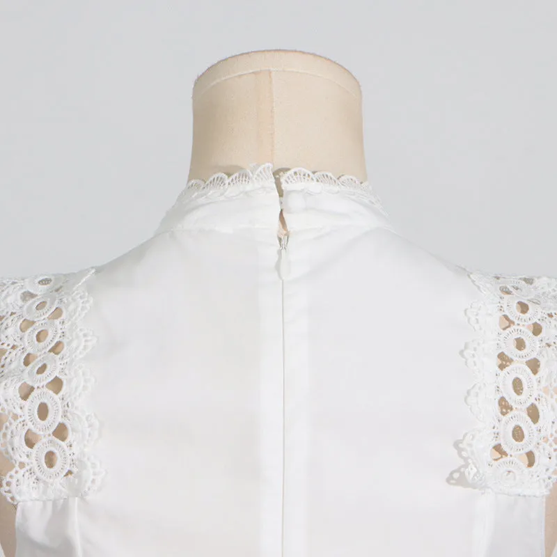 Round Neck Sleeveless Waist Lace Stitching Solid Color Dress