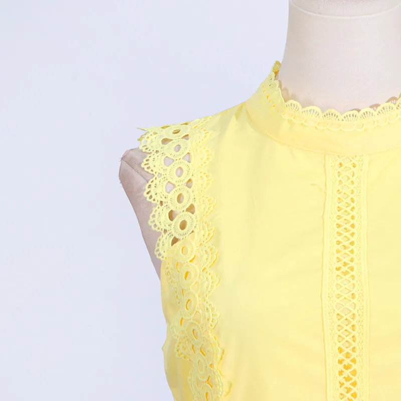 Round Neck Sleeveless Waist Lace Stitching Solid Color Dress