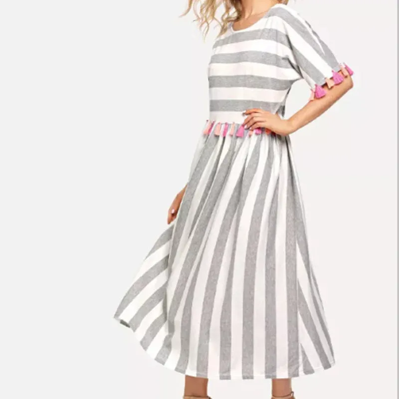 Round Neck Striped Color Tassel Dress