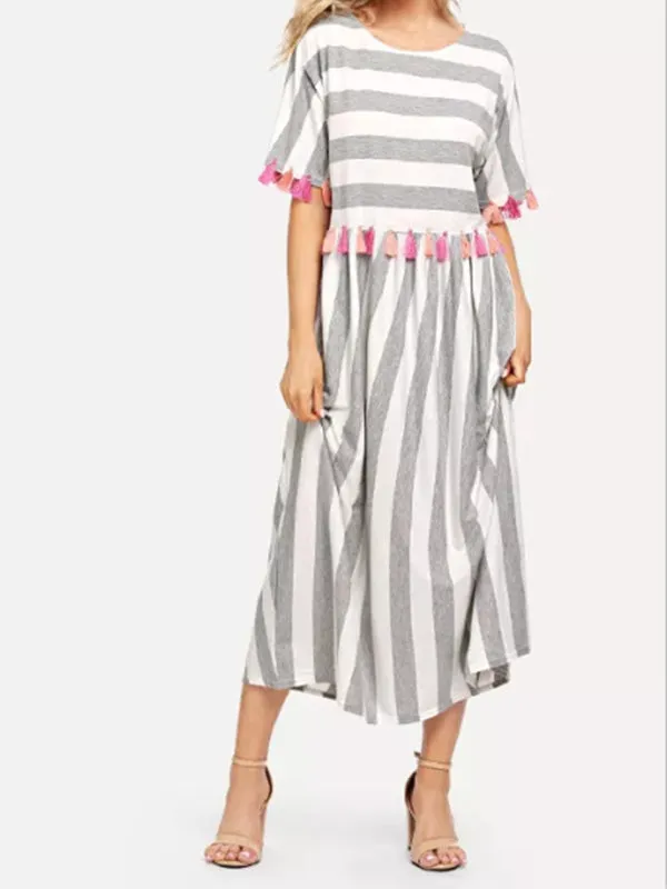 Round Neck Striped Color Tassel Dress