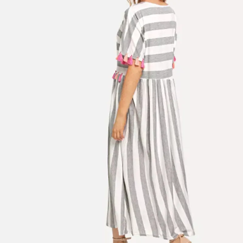 Round Neck Striped Color Tassel Dress