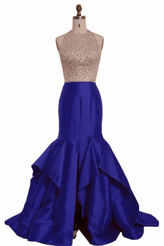 Royal Blue Satin Strapless Long Mermaid Sequins O Neck Backless Prom Dress