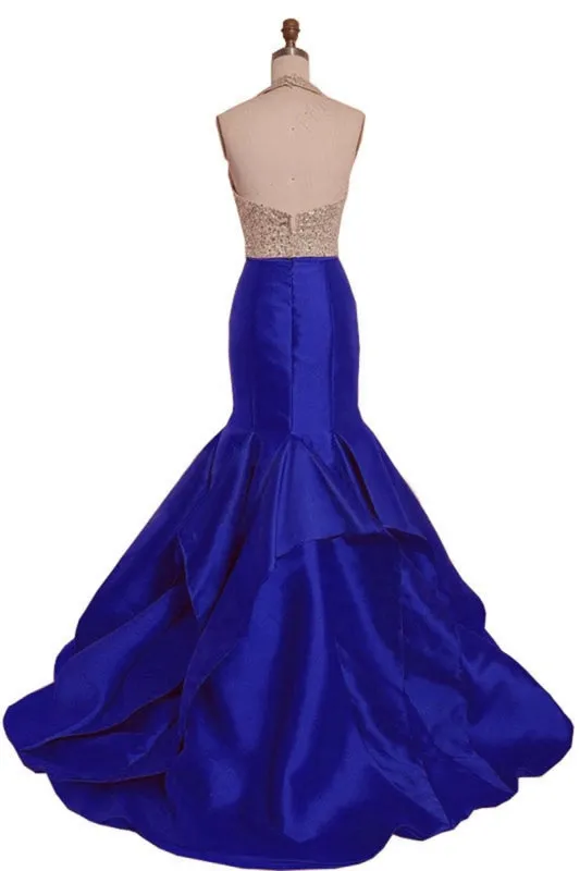 Royal Blue Satin Strapless Long Mermaid Sequins O Neck Backless Prom Dress