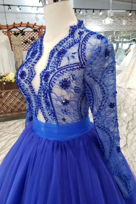 Royal Blue Sleeve Tulle Prom Lace Long Party Dress with Beads