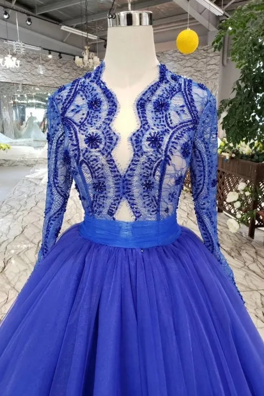 Royal Blue Sleeve Tulle Prom Lace Long Party Dress with Beads