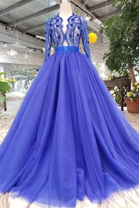 Royal Blue Sleeve Tulle Prom Lace Long Party Dress with Beads