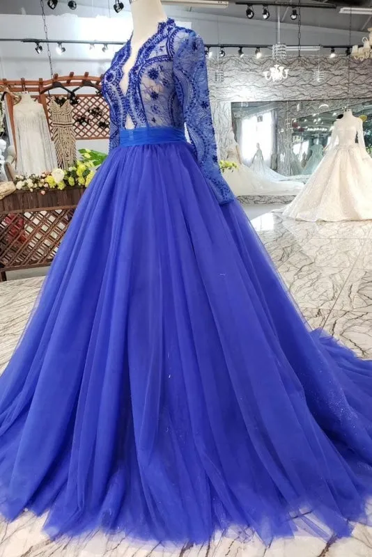 Royal Blue Sleeve Tulle Prom Lace Long Party Dress with Beads