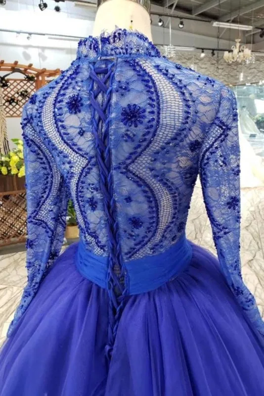 Royal Blue Sleeve Tulle Prom Lace Long Party Dress with Beads