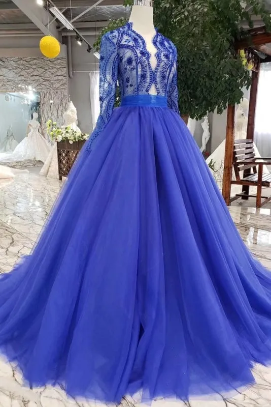 Royal Blue Sleeve Tulle Prom Lace Long Party Dress with Beads