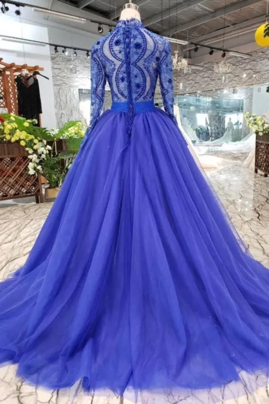 Royal Blue Sleeve Tulle Prom Lace Long Party Dress with Beads