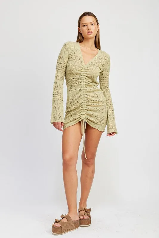 RUCHED CROCHET MINI DRESS
