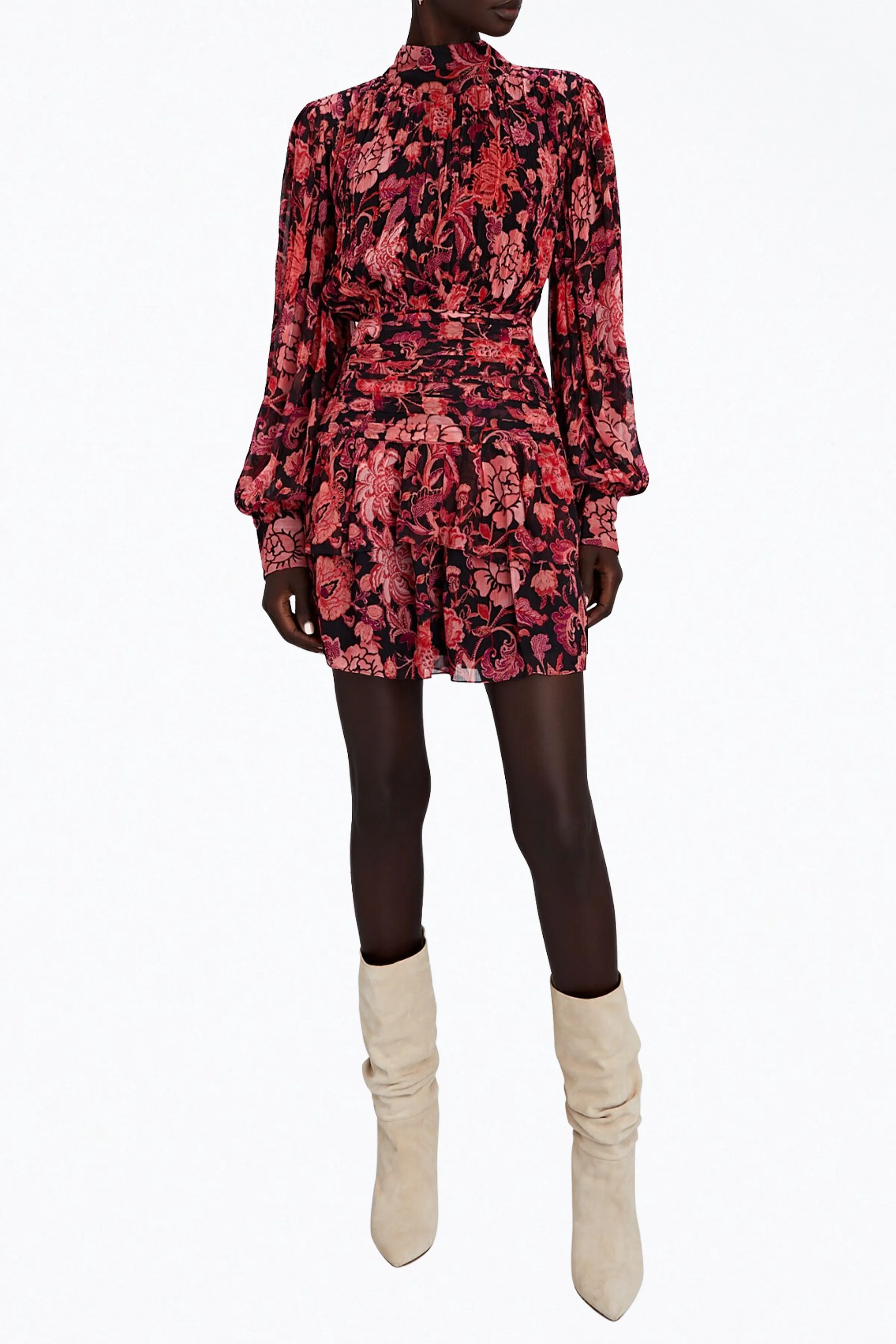 RUCHED FLORAL-PRINT GEORGETTE MINI DRESS