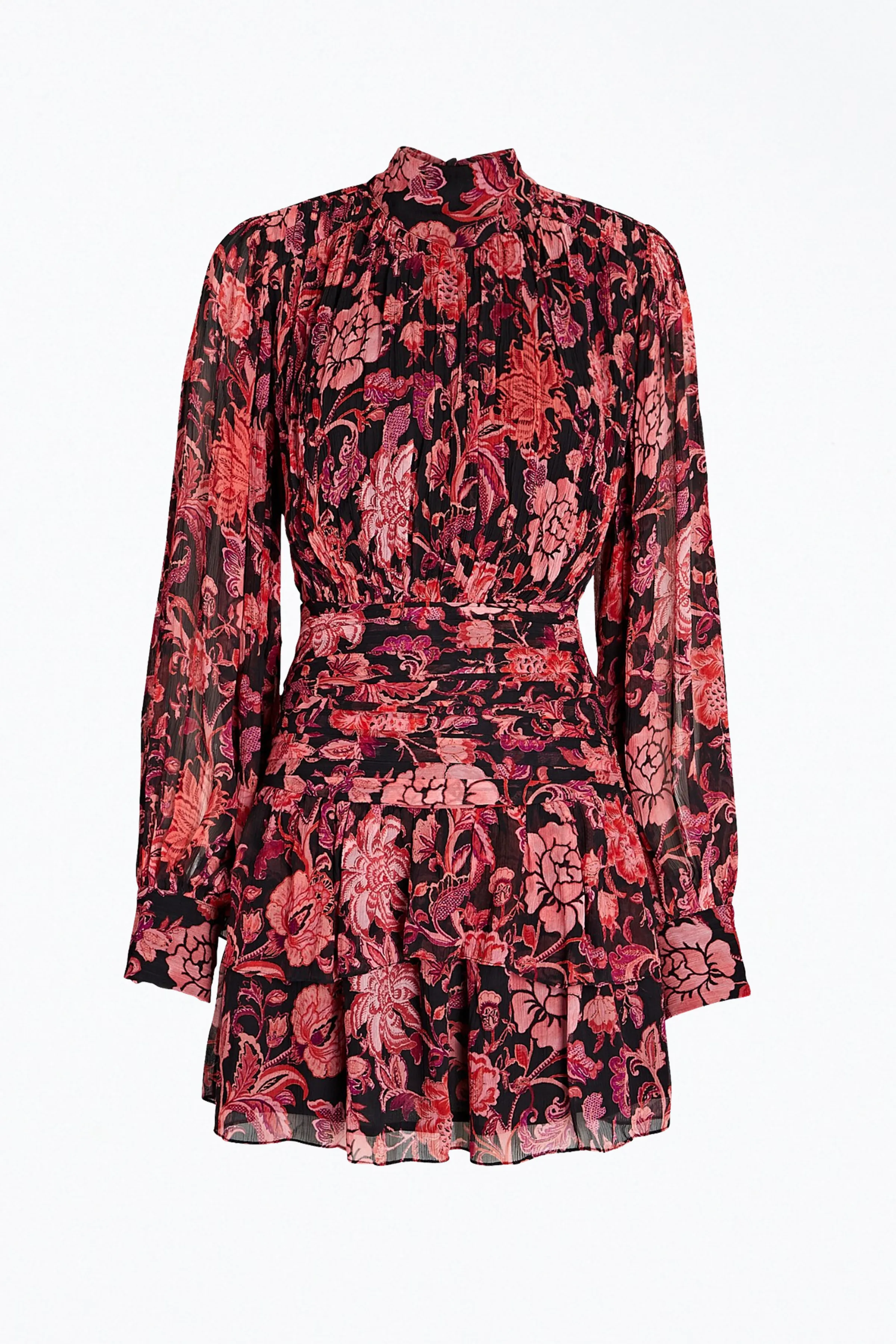 RUCHED FLORAL-PRINT GEORGETTE MINI DRESS