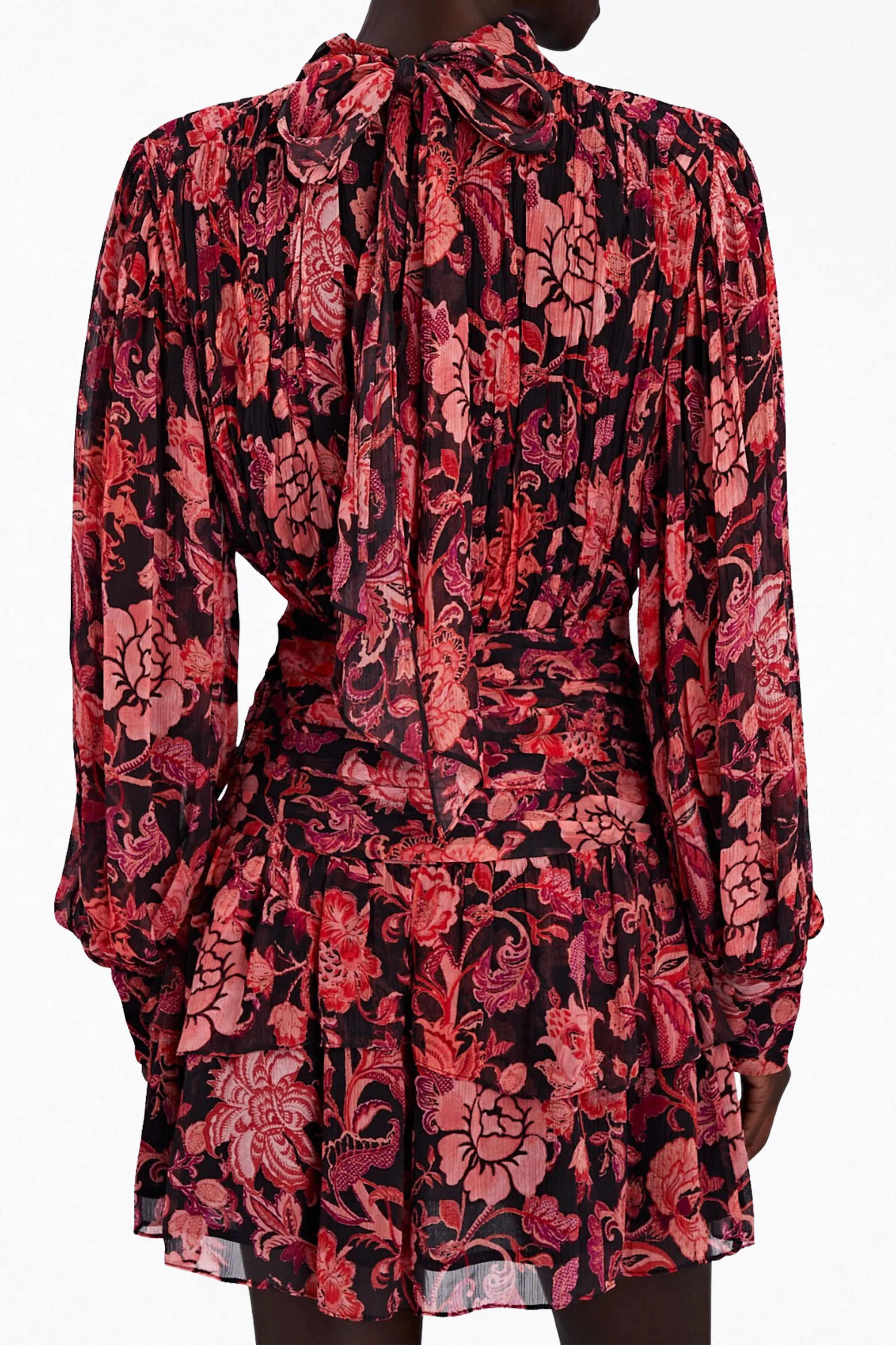RUCHED FLORAL-PRINT GEORGETTE MINI DRESS