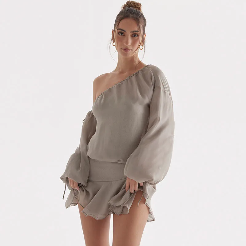 Ruffle Hem Bishop Sleeve One Shoulder Mini Dress - Gray