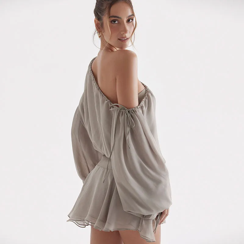 Ruffle Hem Bishop Sleeve One Shoulder Mini Dress - Gray