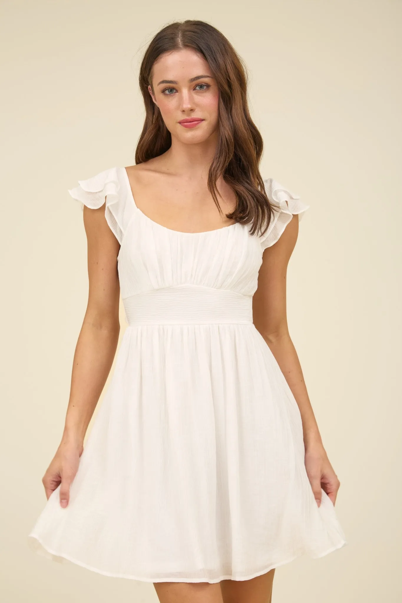 RUFFLE SLEEVE BACK TIE SOLID MINI DRESS