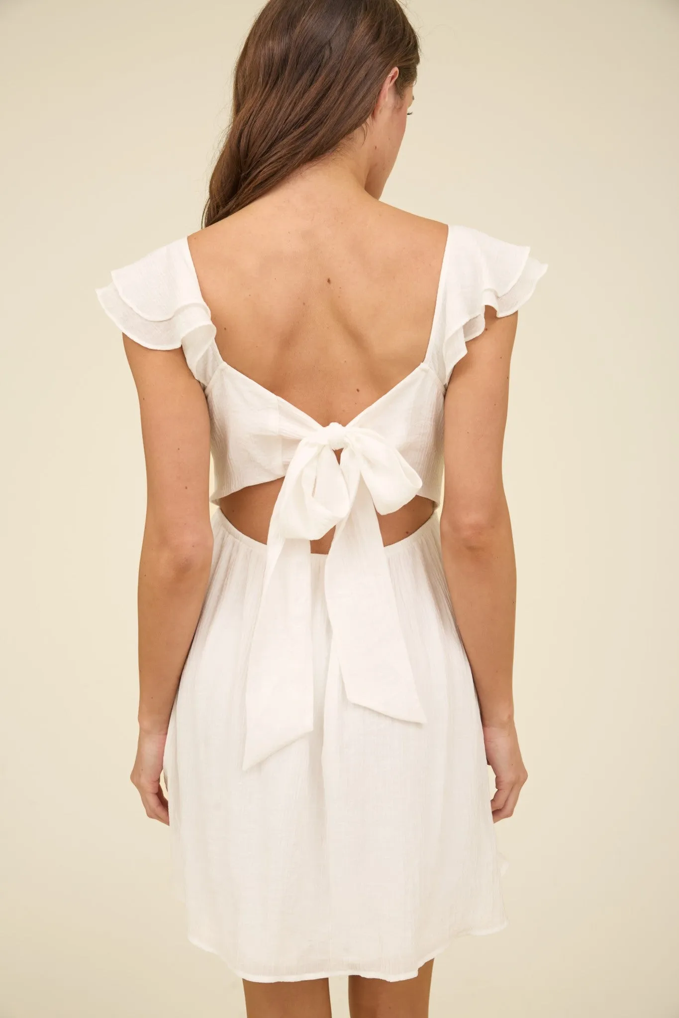 RUFFLE SLEEVE BACK TIE SOLID MINI DRESS