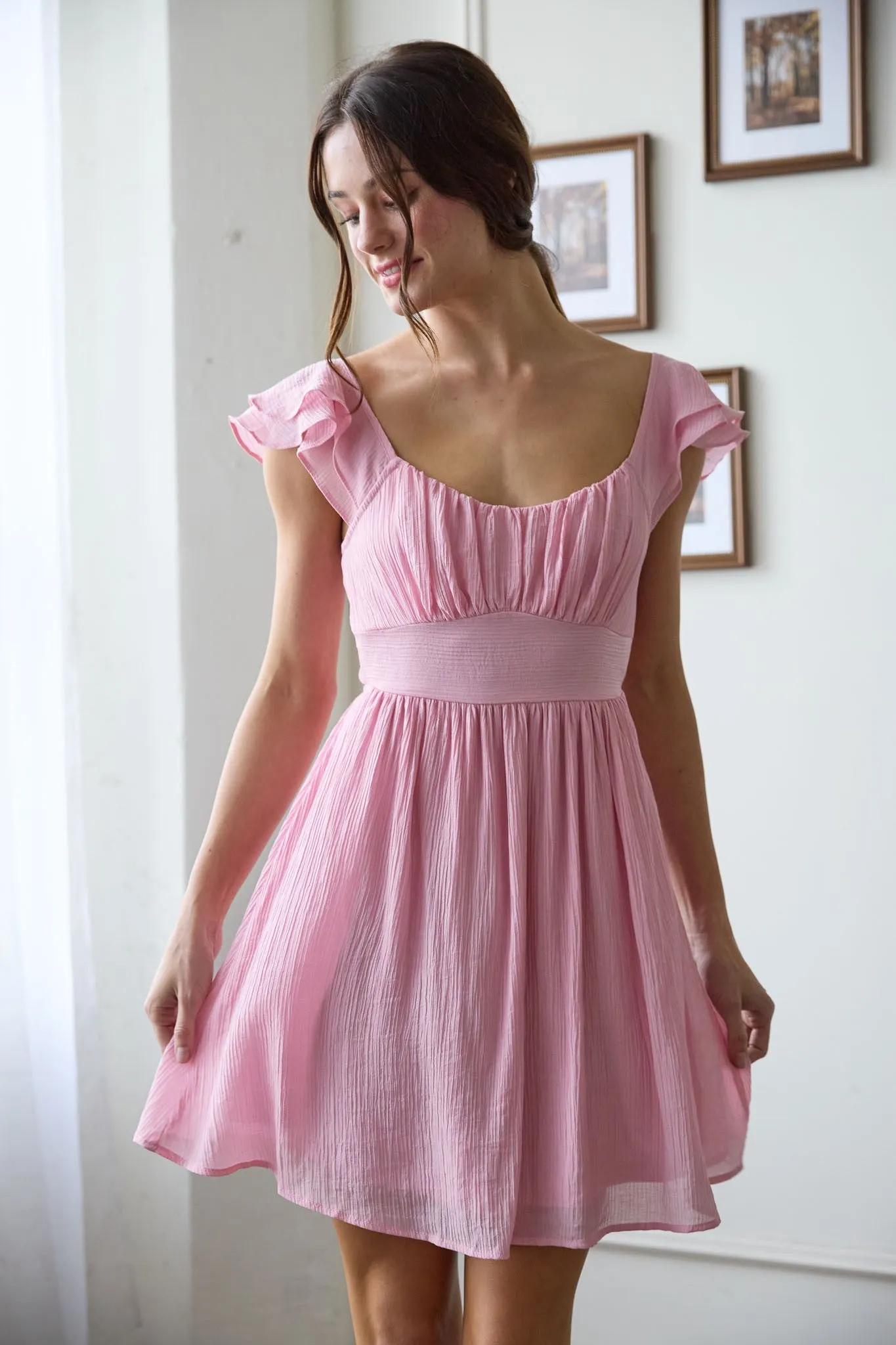 RUFFLE SLEEVE BACK TIE SOLID MINI DRESS